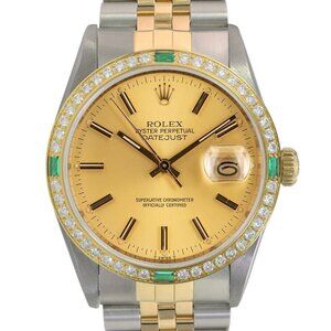 ROLEX DATEJUST 36MM 16233 TWO-TONE CHAMPAGNE DIAL DIAMOND-EMERALD BEZEL WATCH